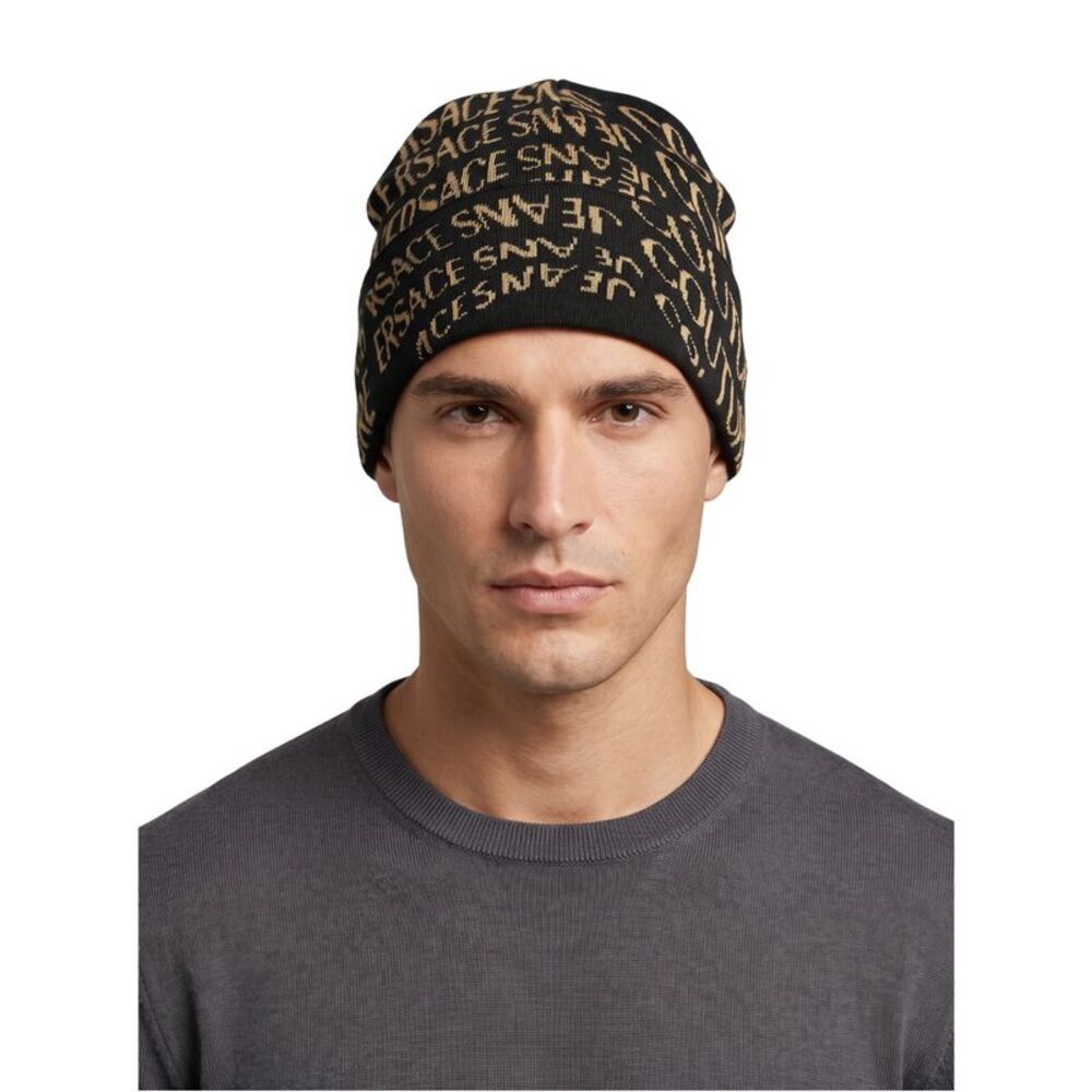 Versace Jeans Couture Men's Black and Gold Logo Knit Beanie